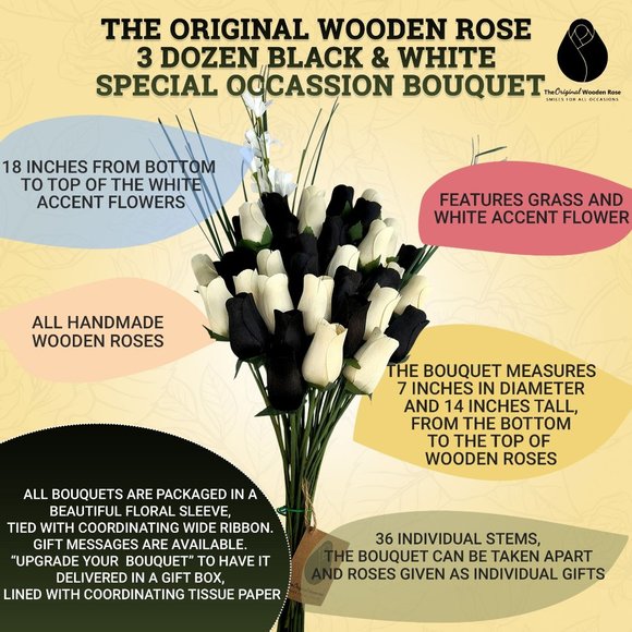 3 Dozen Black and White Wooden Rose Flower Bouquet. The Original Wooden Rose - Picture 3 of 8